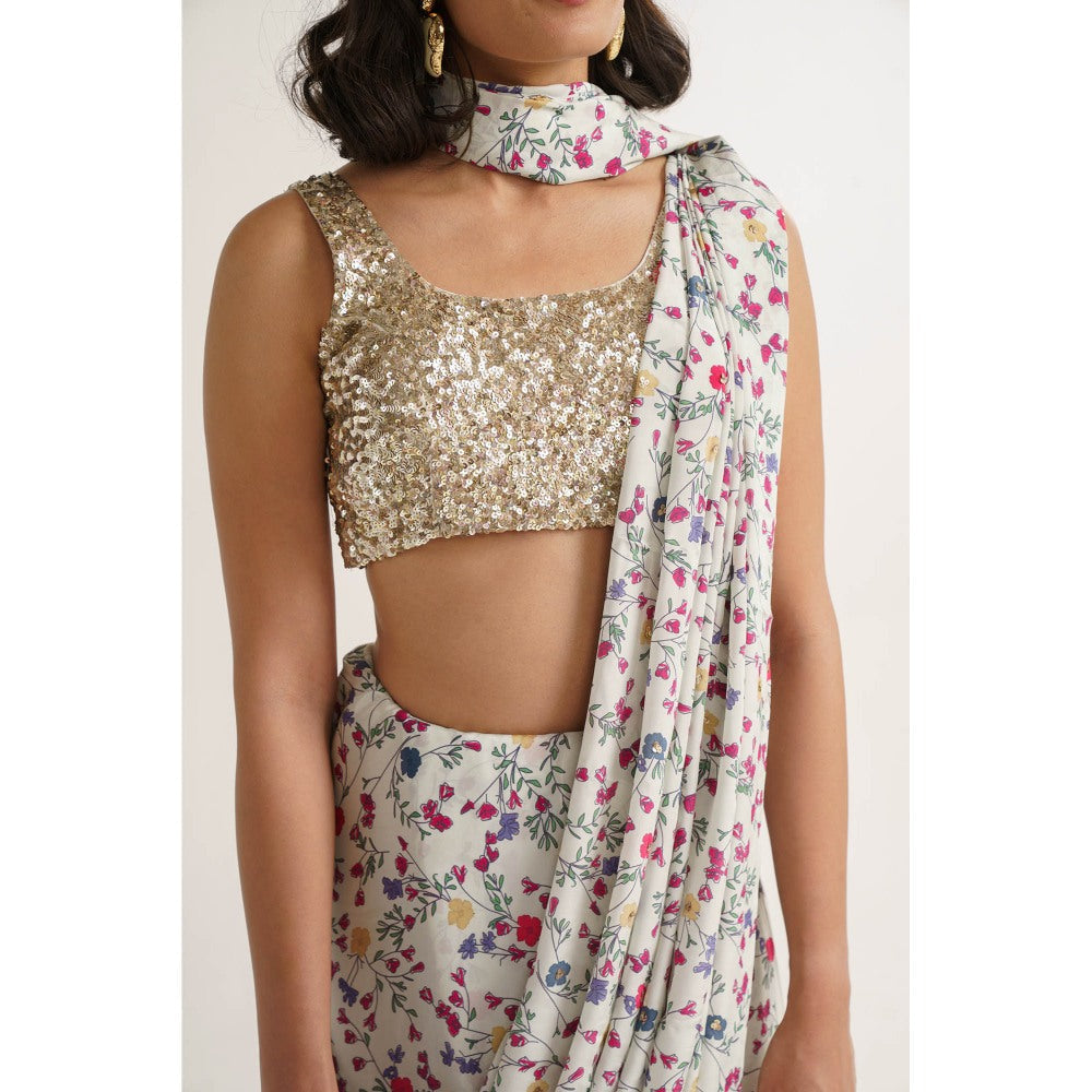 Vishala Shree White Magnolia Pre-Draped Saree with Stitched Blouse