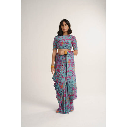 Vishala Shree Blue Hydrangea Saree with Stitched Blouse