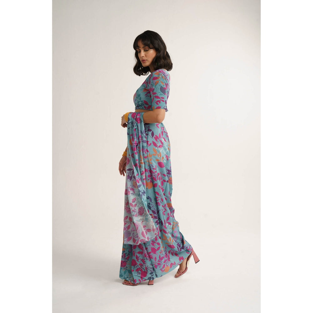 Vishala Shree Blue Hydrangea Saree with Stitched Blouse