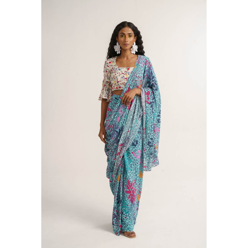 Vishala Shree Blue Lupine Pre-Draped Saree with Stitched Blouse