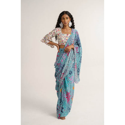 Vishala Shree Blue Lupine Pre-Draped Saree with Stitched Blouse