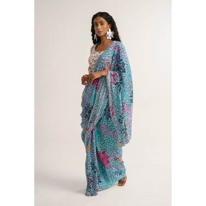 Vishala Shree Blue Lupine Pre-Draped Saree with Stitched Blouse