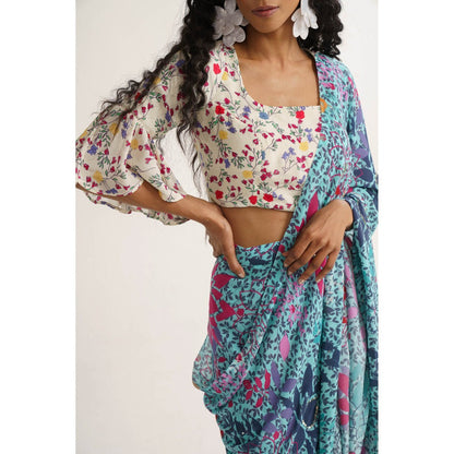 Vishala Shree Blue Lupine Pre-Draped Saree with Stitched Blouse