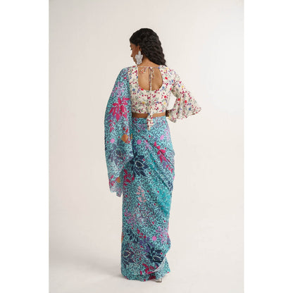 Vishala Shree Blue Lupine Pre-Draped Saree with Stitched Blouse