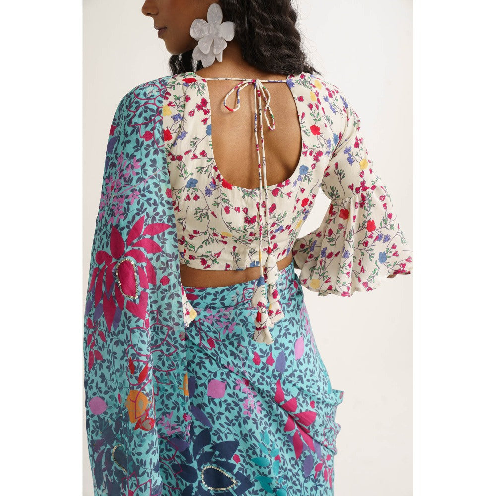 Vishala Shree Blue Lupine Pre-Draped Saree with Stitched Blouse