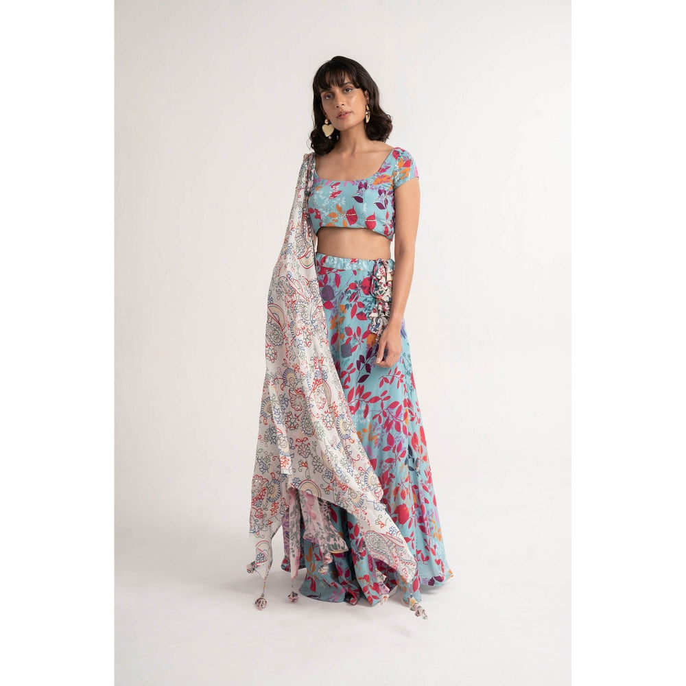 Vishala Shree Blue Geranium Lehenga with Blouse and Dupatta (Set of 3)