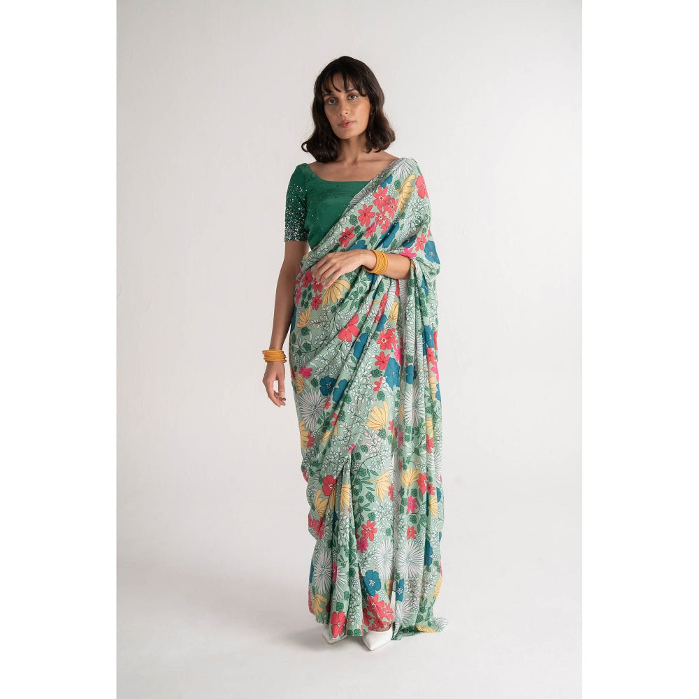 Vishala Shree Green Angelica Saree with Stitched Blouse