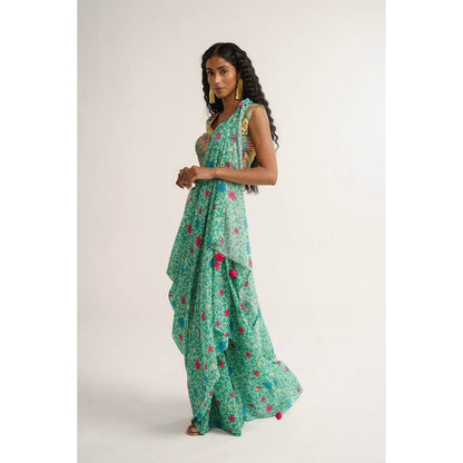 Vishala Shree Green Hellebores Saree with Stitched Blouse