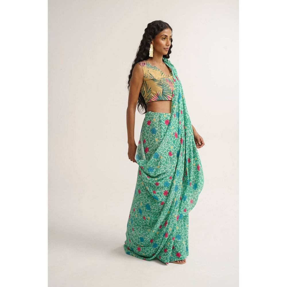Vishala Shree Green Hellebores Saree with Stitched Blouse