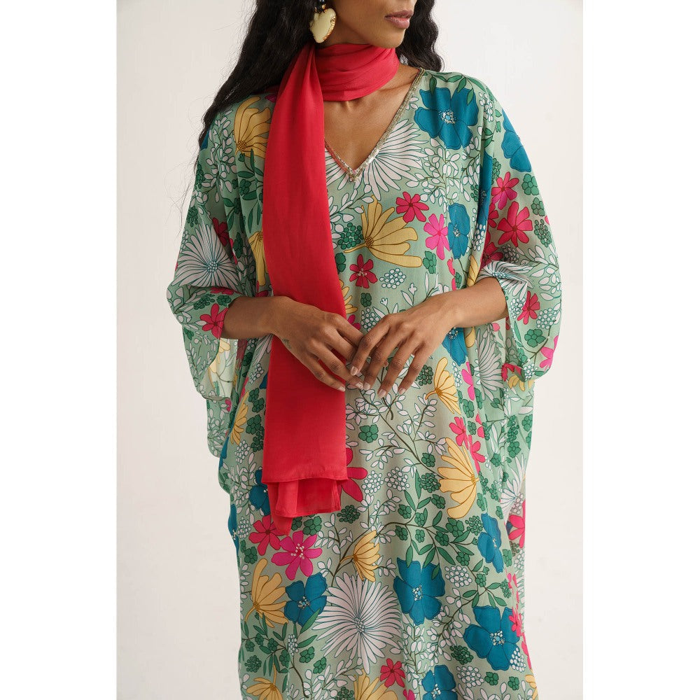 Vishala Shree Green Dianthus Kaftan with Pant (Set of 3)