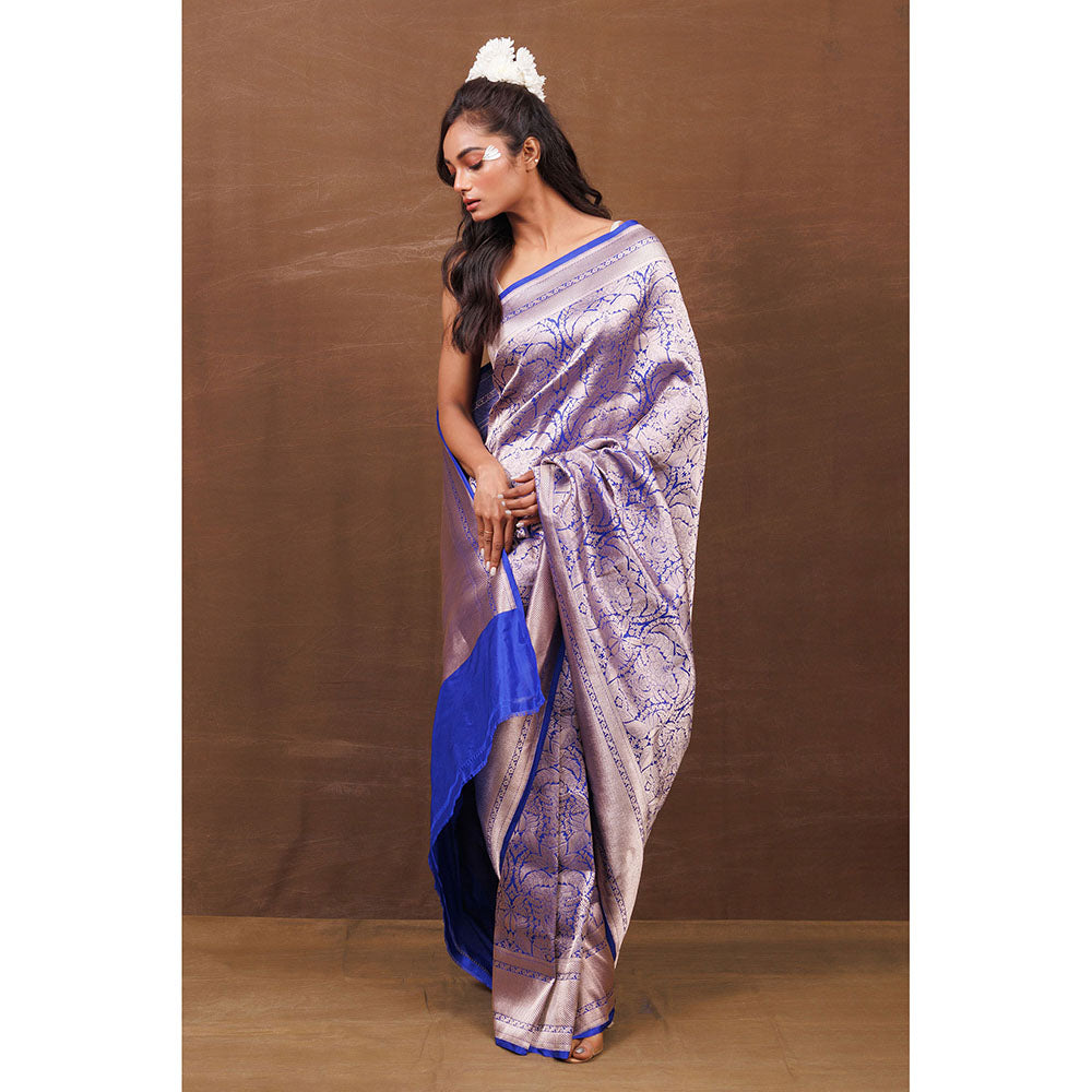 VISHWA Royal Blue Brocade Saree with Unstitched Blouse