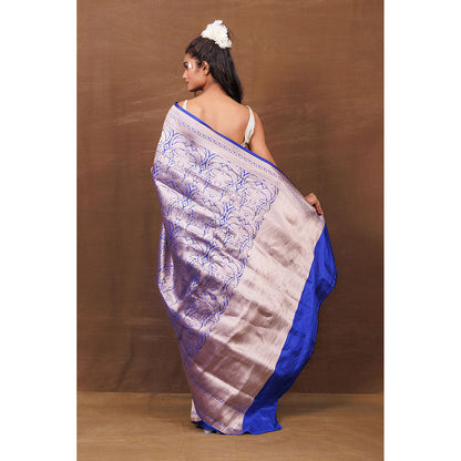 VISHWA Royal Blue Brocade Saree with Unstitched Blouse