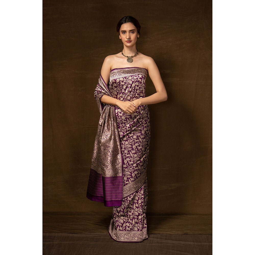 VISHWA Purple Shikargarh Silk Saree with Unstitched Blouse