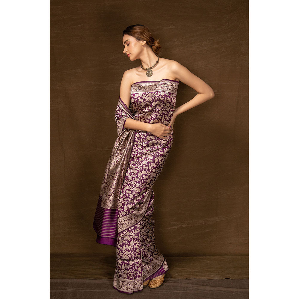 VISHWA Purple Shikargarh Silk Saree with Unstitched Blouse