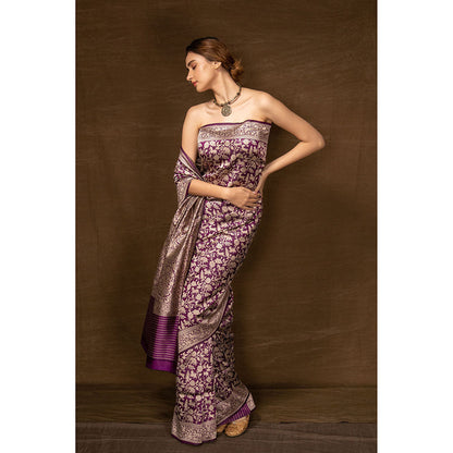 VISHWA Purple Shikargarh Silk Saree with Unstitched Blouse