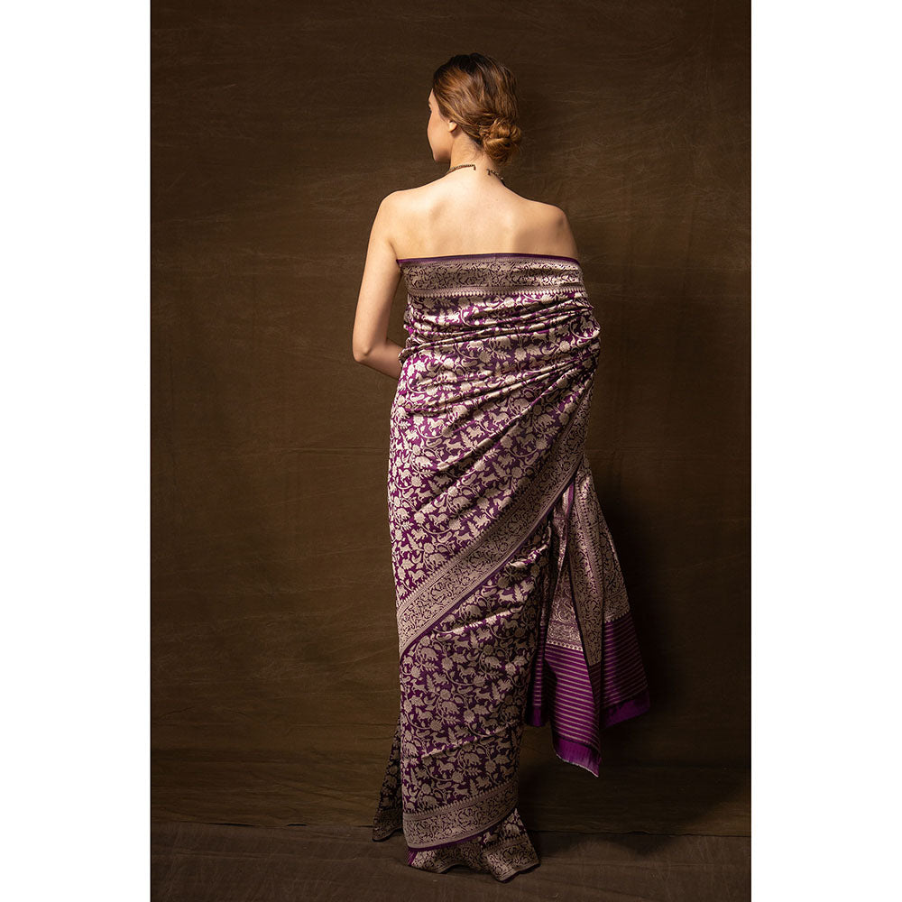 VISHWA Purple Shikargarh Silk Saree with Unstitched Blouse