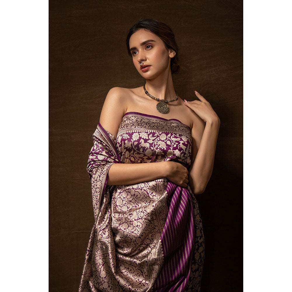 VISHWA Purple Shikargarh Silk Saree with Unstitched Blouse