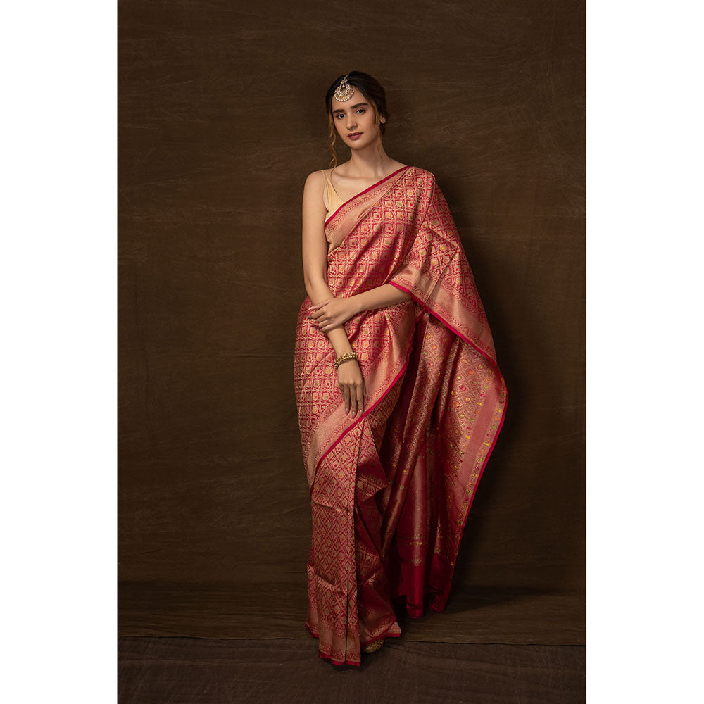 VISHWA Pink Meenakari Banarsi Brocade Saree with Unstitched Blouse