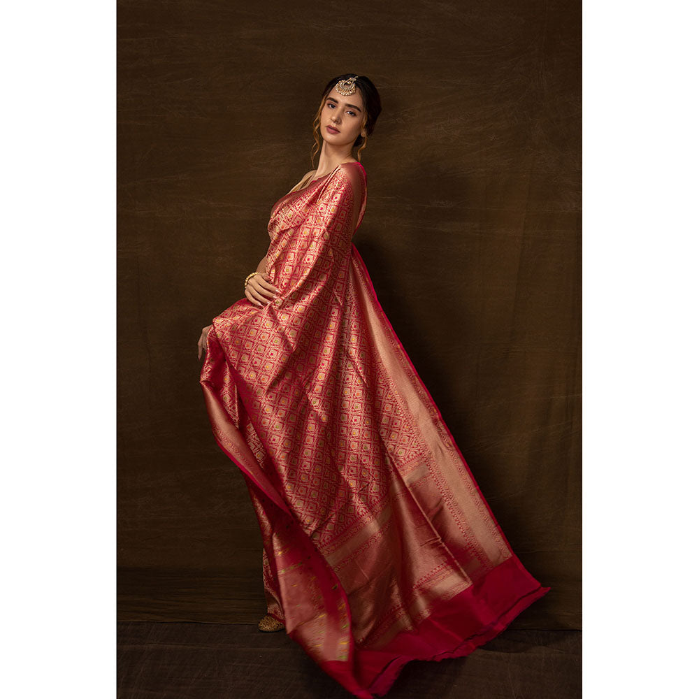 VISHWA Pink Meenakari Banarsi Brocade Saree with Unstitched Blouse