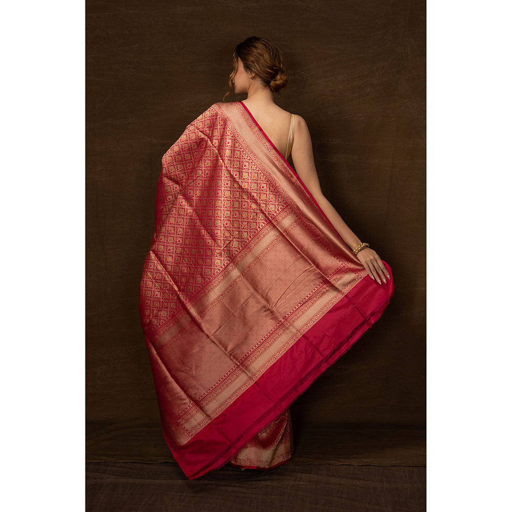 VISHWA Pink Meenakari Banarsi Brocade Saree with Unstitched Blouse