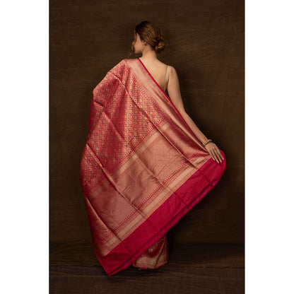 VISHWA Pink Meenakari Banarsi Brocade Saree with Unstitched Blouse