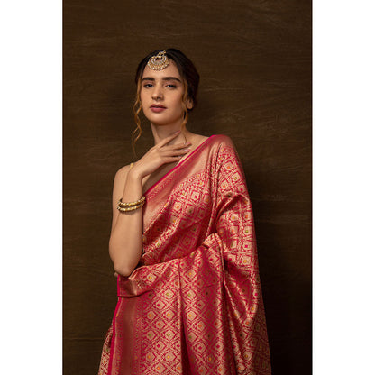 VISHWA Pink Meenakari Banarsi Brocade Saree with Unstitched Blouse