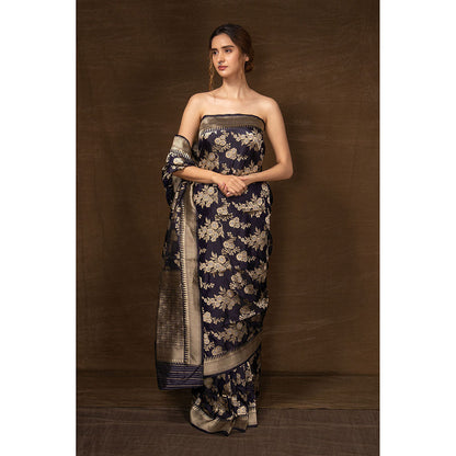 VISHWA Navy Blue Floral Banarsi Silk Saree with Unstitched Blouse