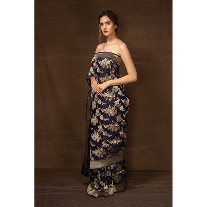 VISHWA Navy Blue Floral Banarsi Silk Saree with Unstitched Blouse