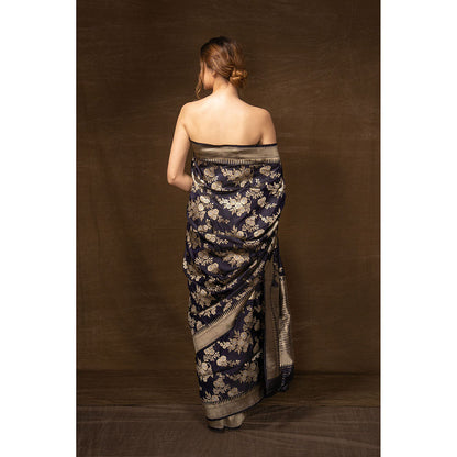 VISHWA Navy Blue Floral Banarsi Silk Saree with Unstitched Blouse