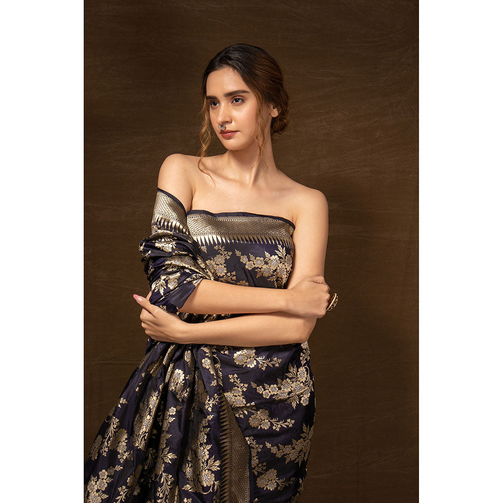 VISHWA Navy Blue Floral Banarsi Silk Saree with Unstitched Blouse