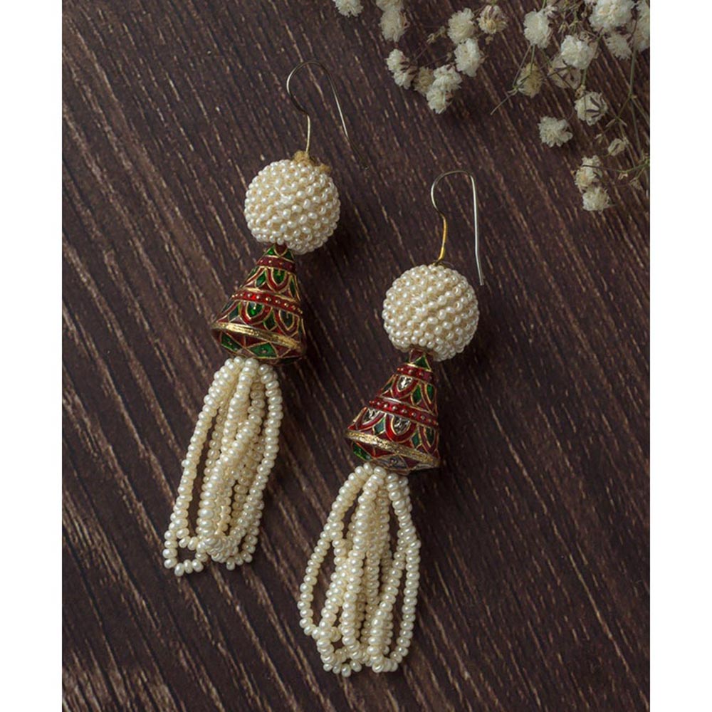 VIVINIA By Vidhi Mehra Gold Plated White Womens Beaded Tassel Earrings