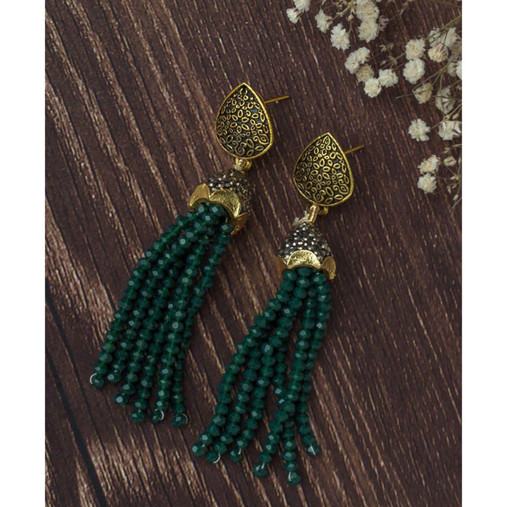 VIVINIA By Vidhi Mehra Gold Plated Green Womens Beaded Tassel Earrings