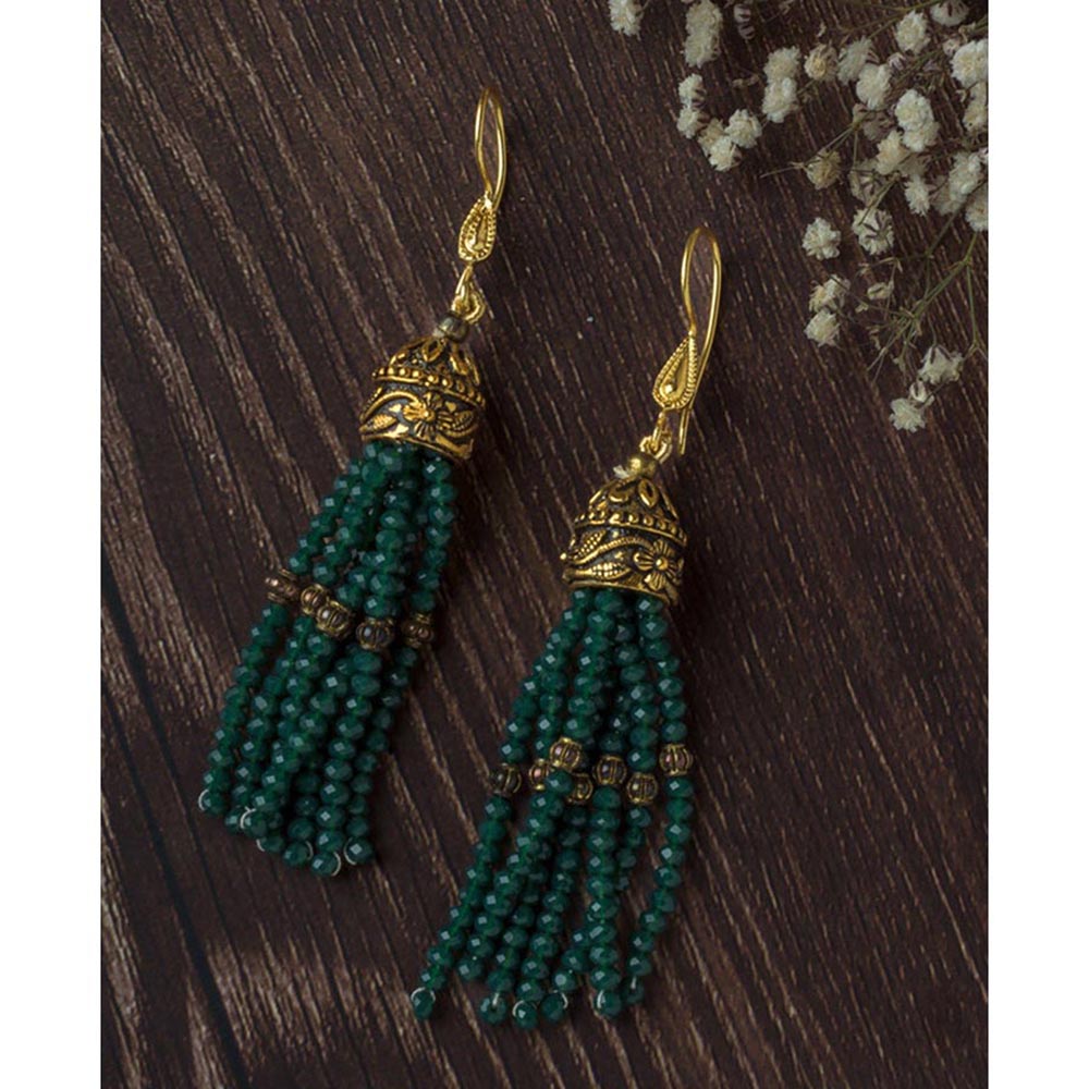 VIVINIA By Vidhi Mehra Gold Plated Green Womens Beaded Tassel Earrings