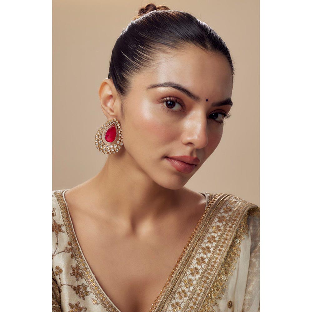 VIVINIA By Vidhi Mehra Antara Gold Plated Red Womens Kundan Polki Drop Earrings