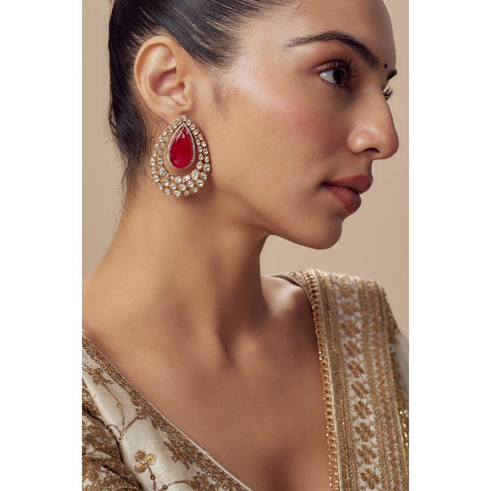 VIVINIA By Vidhi Mehra Antara Gold Plated Red Womens Kundan Polki Drop Earrings