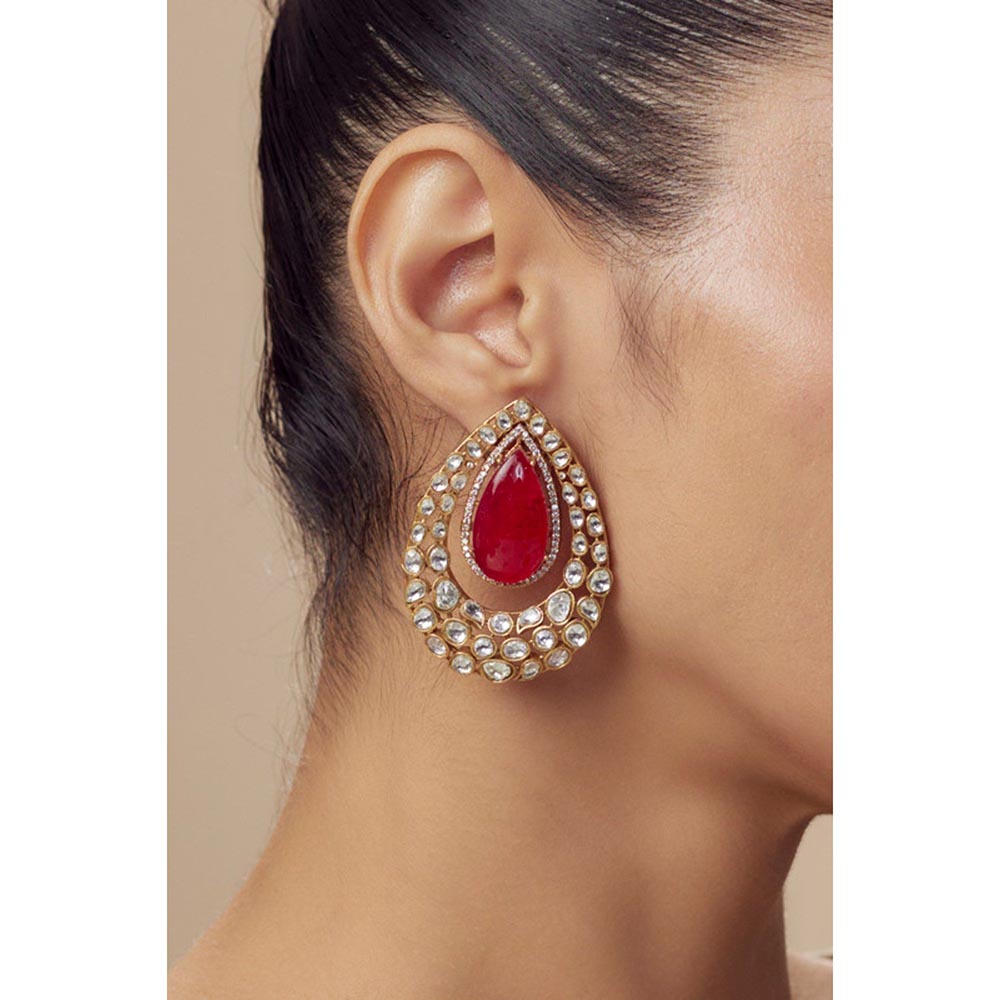 VIVINIA By Vidhi Mehra Antara Gold Plated Red Womens Kundan Polki Drop Earrings