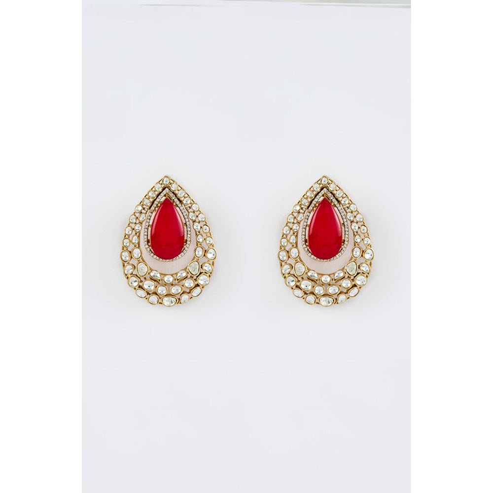 VIVINIA By Vidhi Mehra Antara Gold Plated Red Womens Kundan Polki Drop Earrings