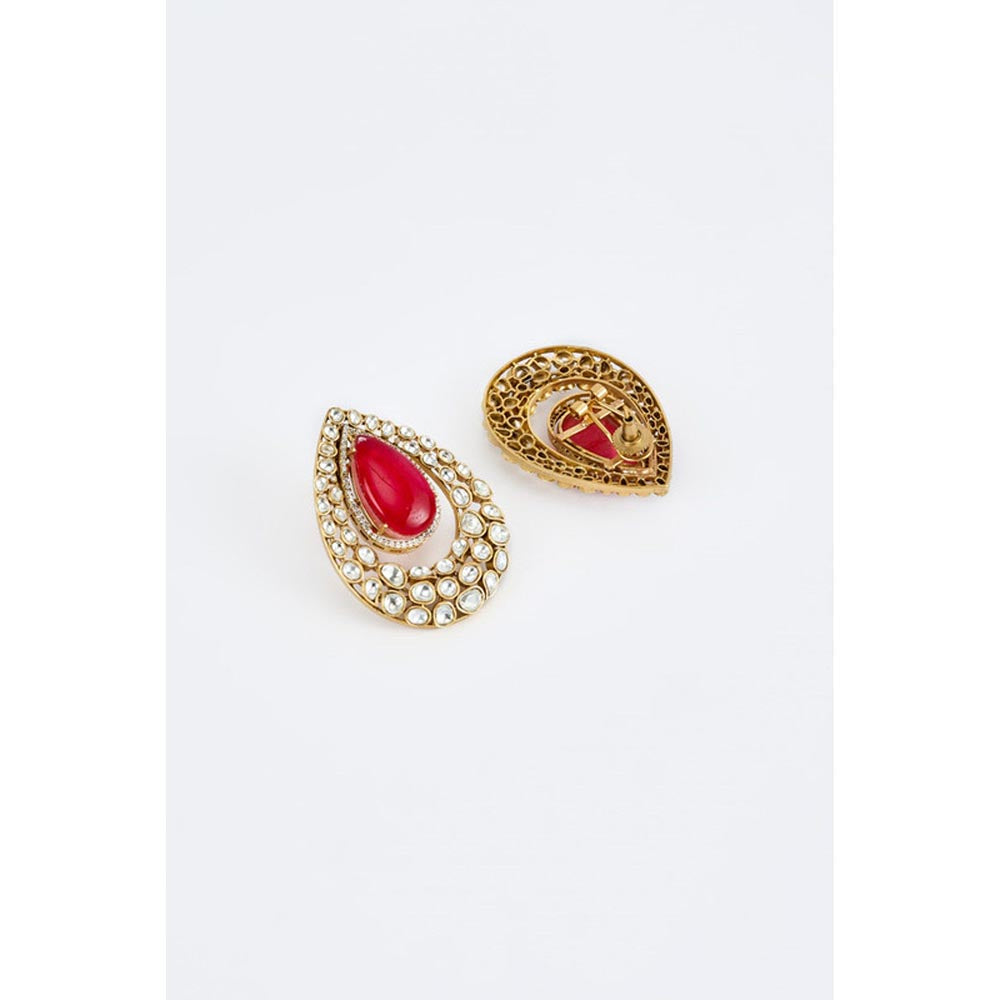 VIVINIA By Vidhi Mehra Antara Gold Plated Red Womens Kundan Polki Drop Earrings