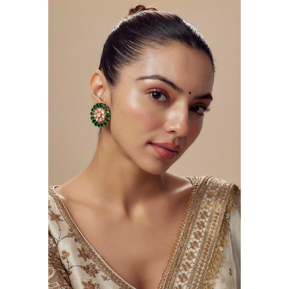 VIVINIA By Vidhi Mehra Florence Gold Plated Green Womens Kundan Polki Stud Earrings