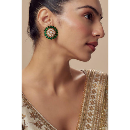 VIVINIA By Vidhi Mehra Florence Gold Plated Green Womens Kundan Polki Stud Earrings