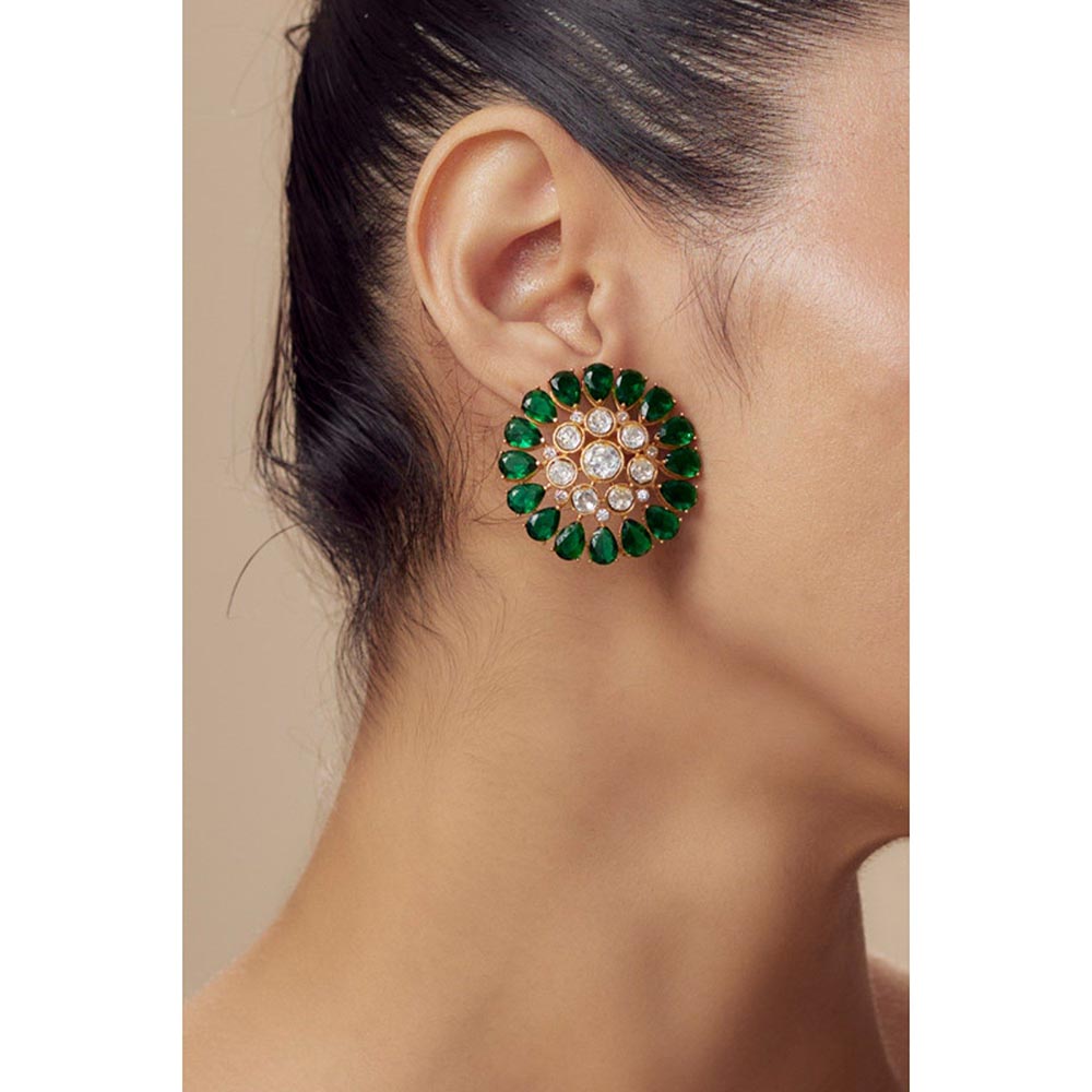 VIVINIA By Vidhi Mehra Florence Gold Plated Green Womens Kundan Polki Stud Earrings