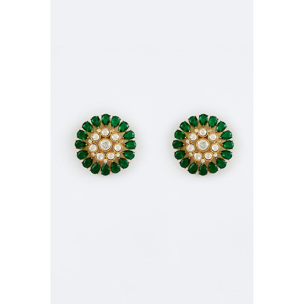 VIVINIA By Vidhi Mehra Florence Gold Plated Green Womens Kundan Polki Stud Earrings