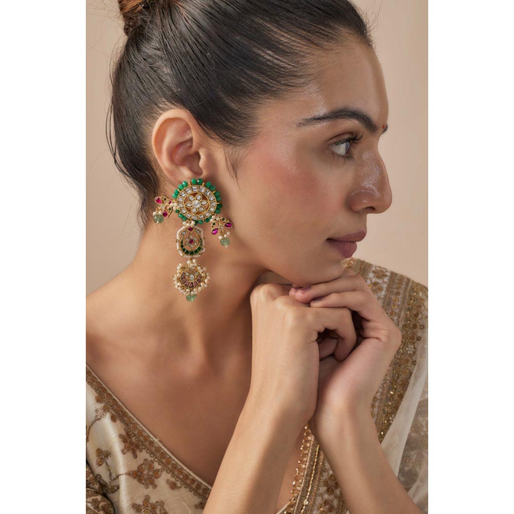 VIVINIA By Vidhi Mehra Morpankh Gold Plated Multicolored Womens Kundan Polki Dangler Earrings