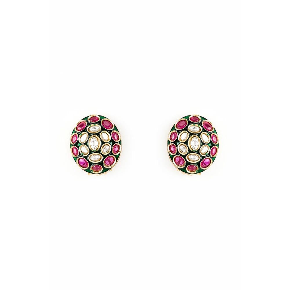 VIVINIA By Vidhi Mehra Burgundy Gold Plated Pink And Green Kundan Polki Womens Studs Earrings