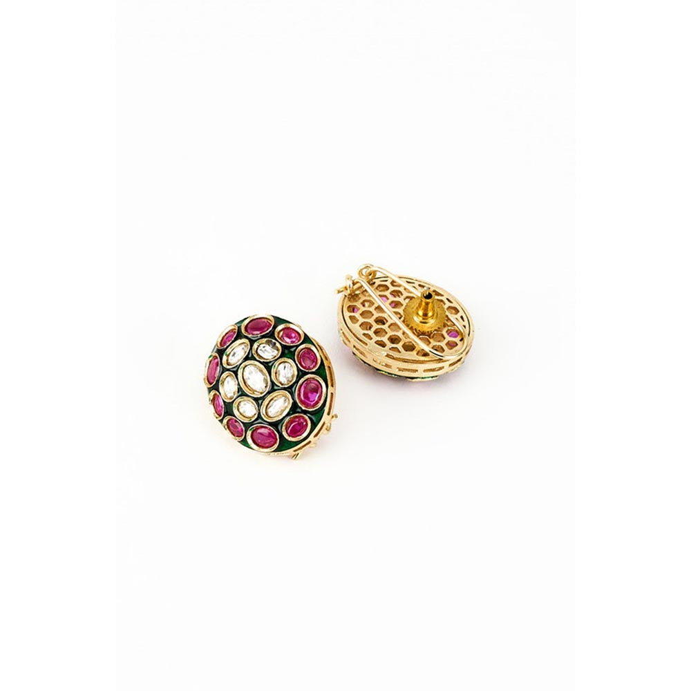 VIVINIA By Vidhi Mehra Burgundy Gold Plated Pink And Green Kundan Polki Womens Studs Earrings