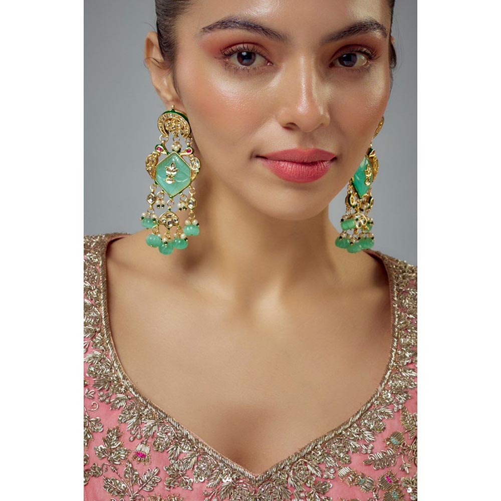 VIVINIA By Vidhi Mehra Saadgi Gold Plated Green Kundan Polki Womens Danglers Earrings