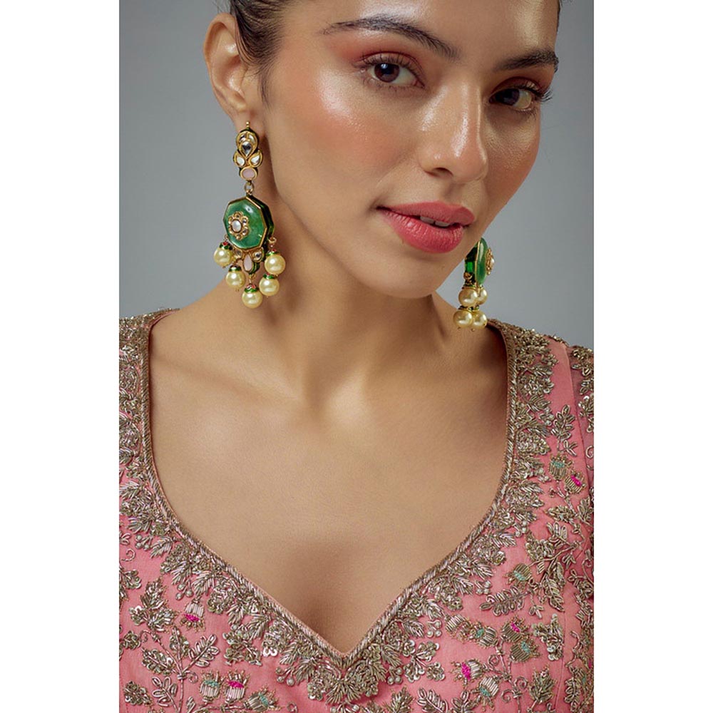 VIVINIA By Vidhi Mehra Saadgi Gold Plated Green Kundan Polki Womens Drop Earrings
