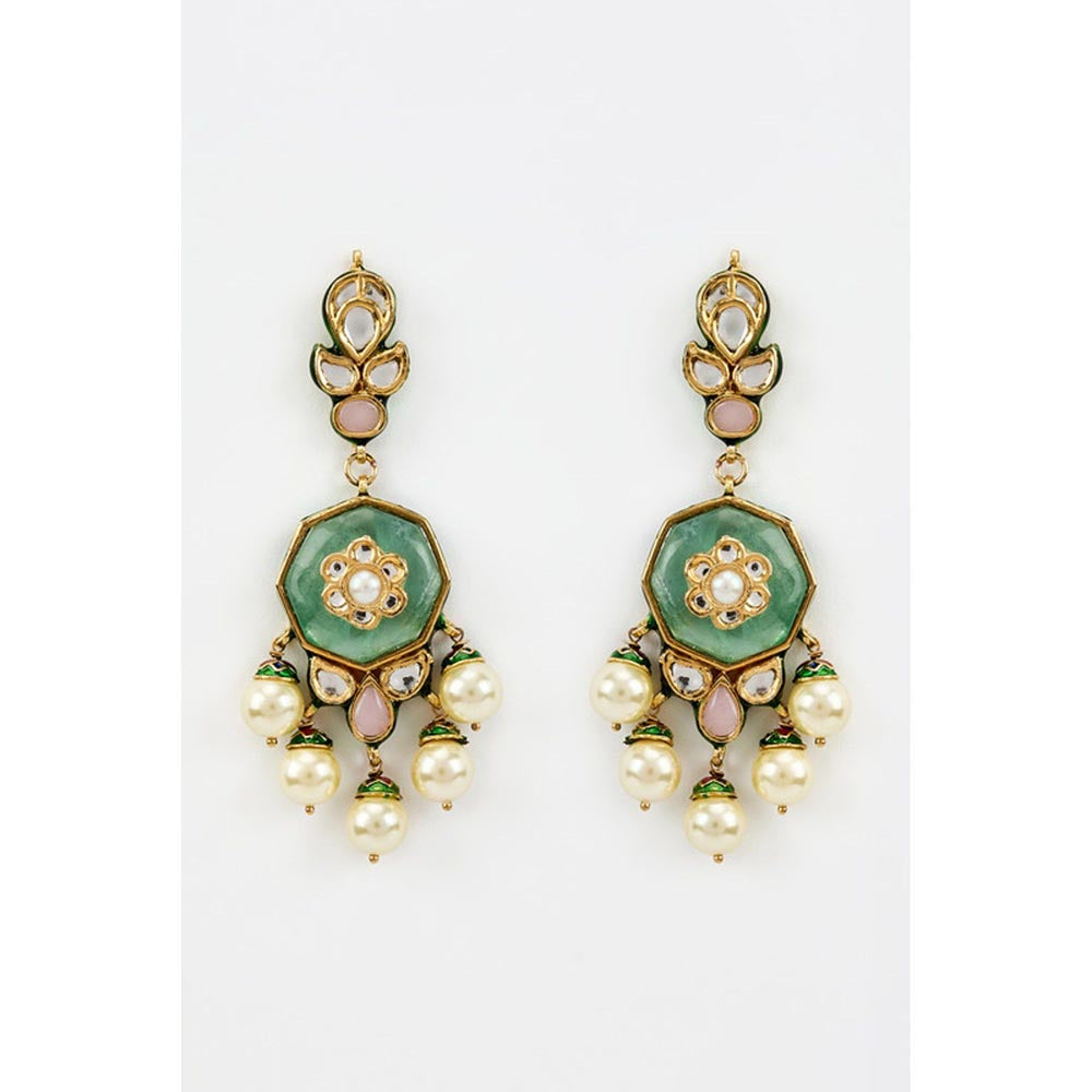 VIVINIA By Vidhi Mehra Saadgi Gold Plated Green Kundan Polki Womens Drop Earrings
