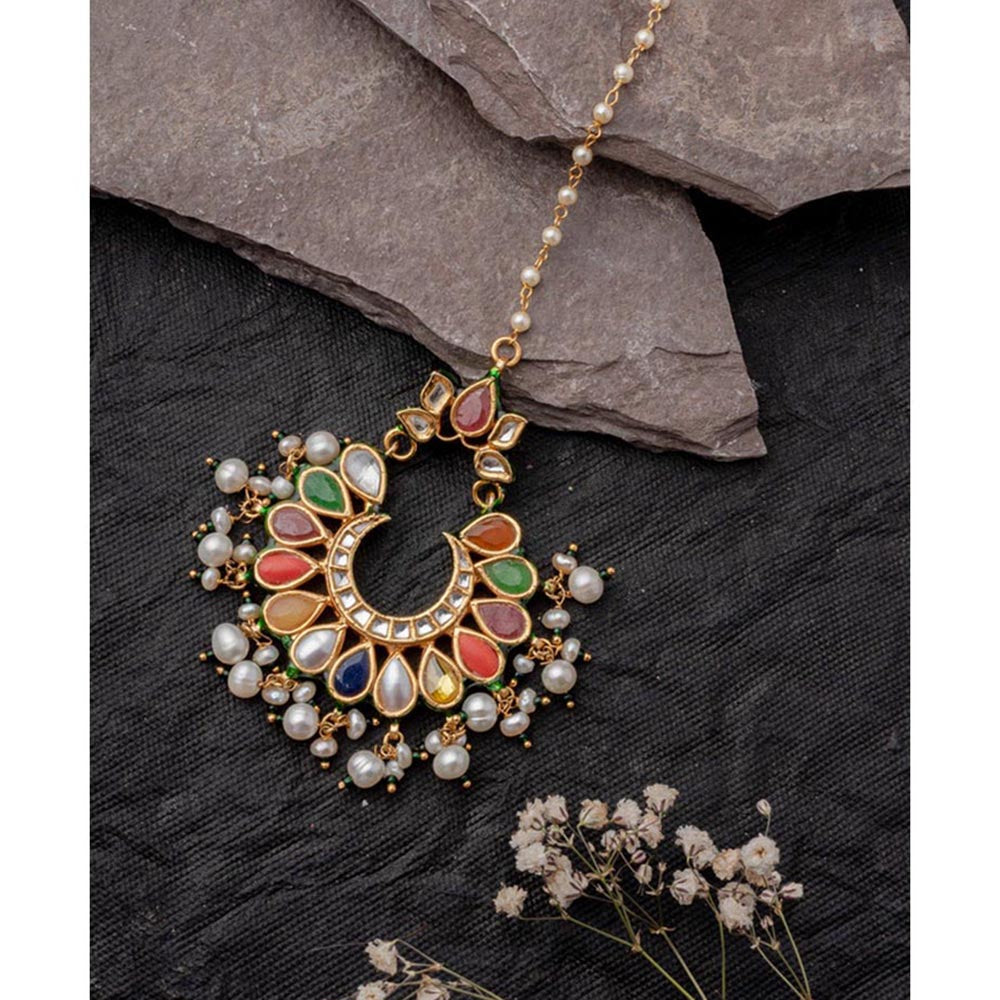 VIVINIA By Vidhi Mehra Gold Plated Multicolored Womens Kundan Polki Maangtikka
