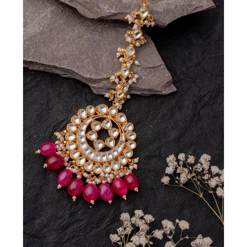 VIVINIA By Vidhi Mehra Gold Plated Pink Womens Kundan Polki Maangtikka